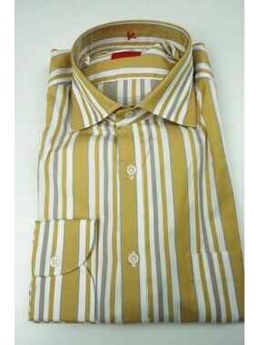 Isaia Mustard Yellow Taupe Striped Long Sleeve Cotton Pocket Shirt 15.5/39 NEW